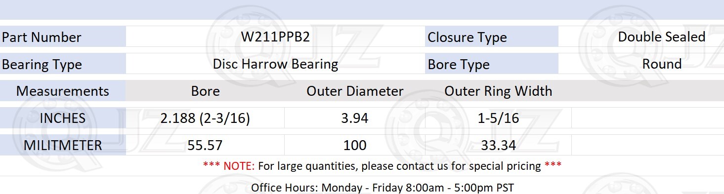 [Qty.2] W211PPB2 Agricultural Bearing Round Bore 2.19″ x 3.94″ x 1.31″ (IDxODxW)