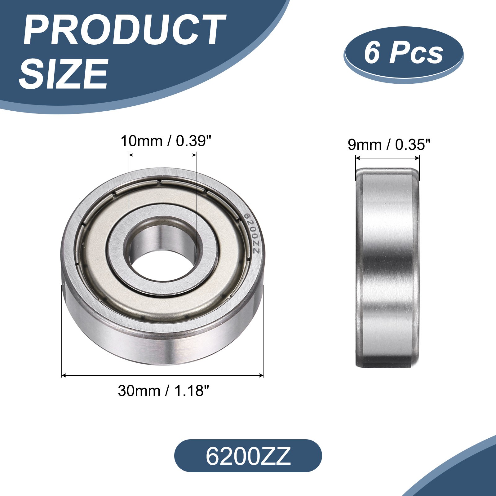 6 Pack 10 x 30 x 9mm 6200ZZ Deep Groove Ball Bearings, ABEC5