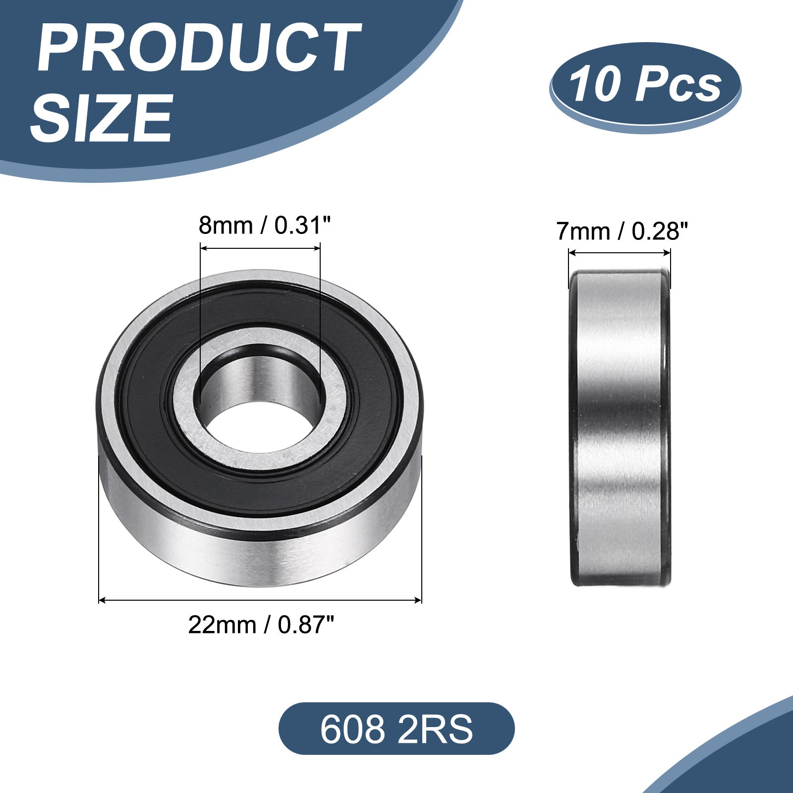 10 Pack 8 x 22 x 7mm 608 2RS Deep Groove Ball Bearings, ABEC5