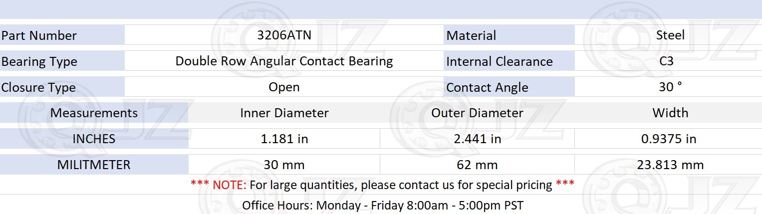 [Qty.100] 3206-OPEN C3 Angular Contact Ball Bearing [30mm Bore x 62mm x 23.8mm]