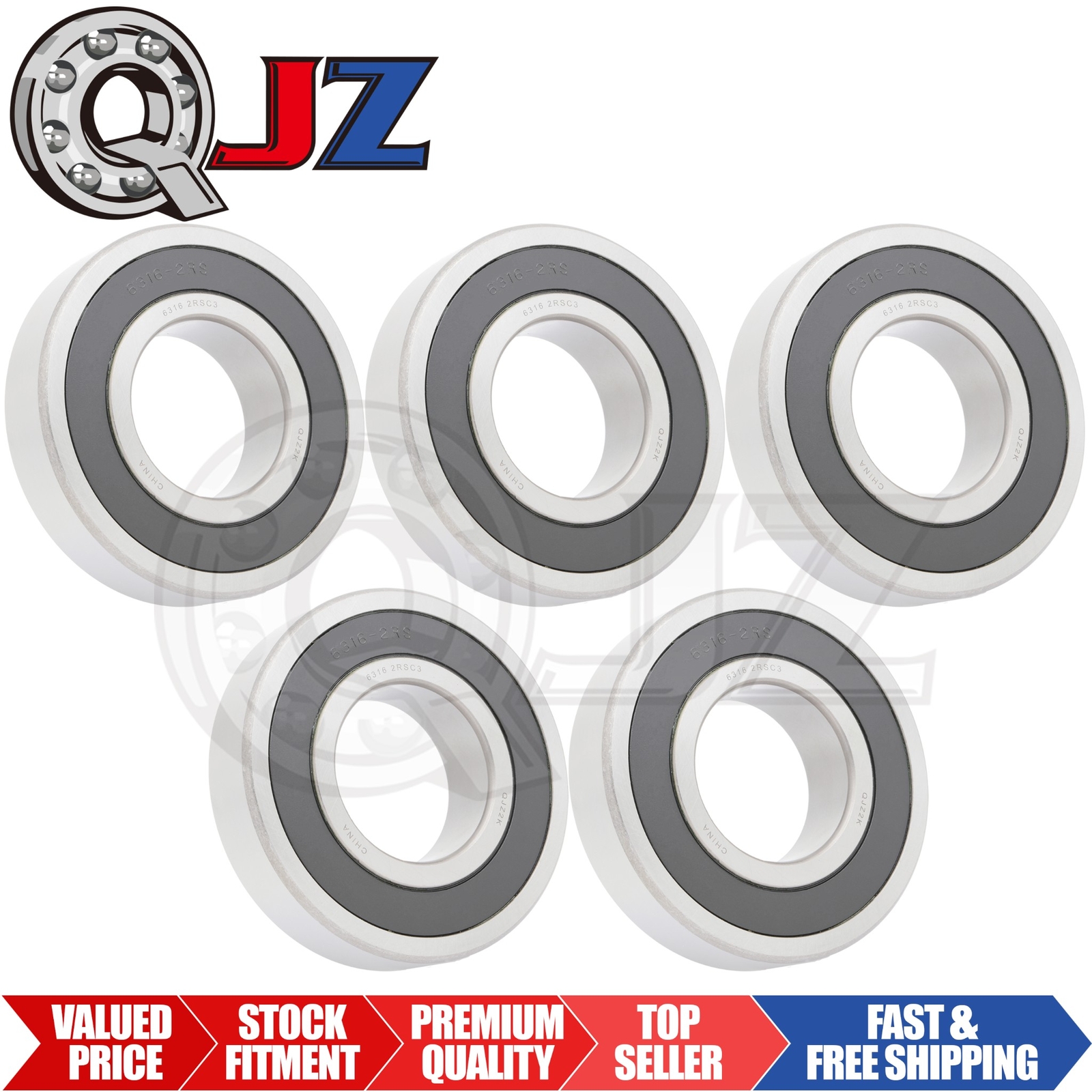 [Qty.5] 6316-2RS Radial/Deep Groove Ball Bearing [80mm ID x 170mm OD x 39mm W]