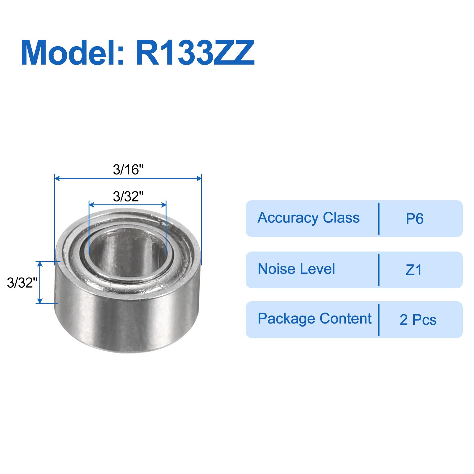 2pcs Ball Bearings R133ZZ 3/32″ ID x 3/16″ OD x 3/32″ for Z1, Silver Tone