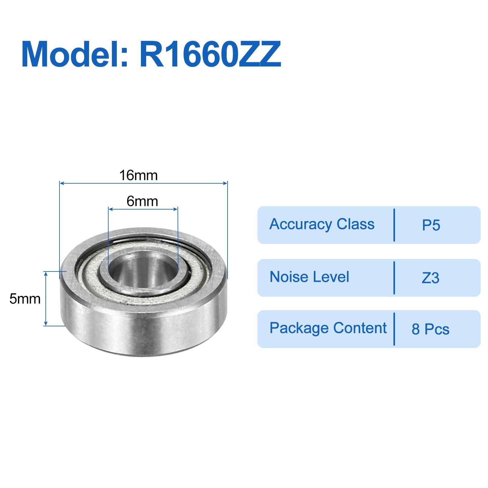 8pcs R1660ZZ 6mm ID x 16mm OD x 5mm Height Z3 Ball Bearings Silver Tone