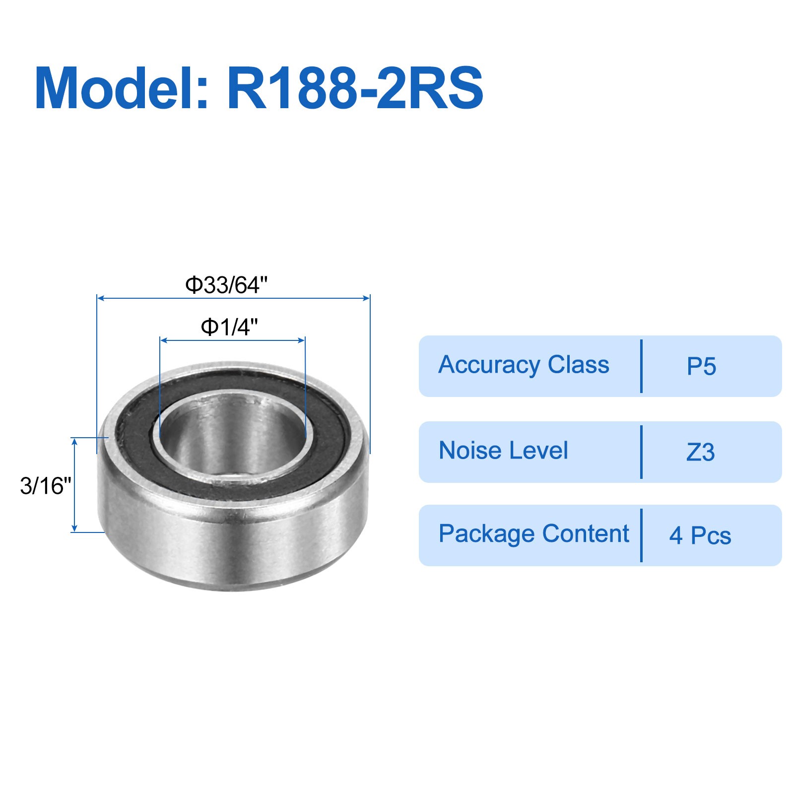 4pcs R188-2RS 1/4″ ID x 33/64″ OD x 3/16″ Height Z3 Ball Bearings, Black