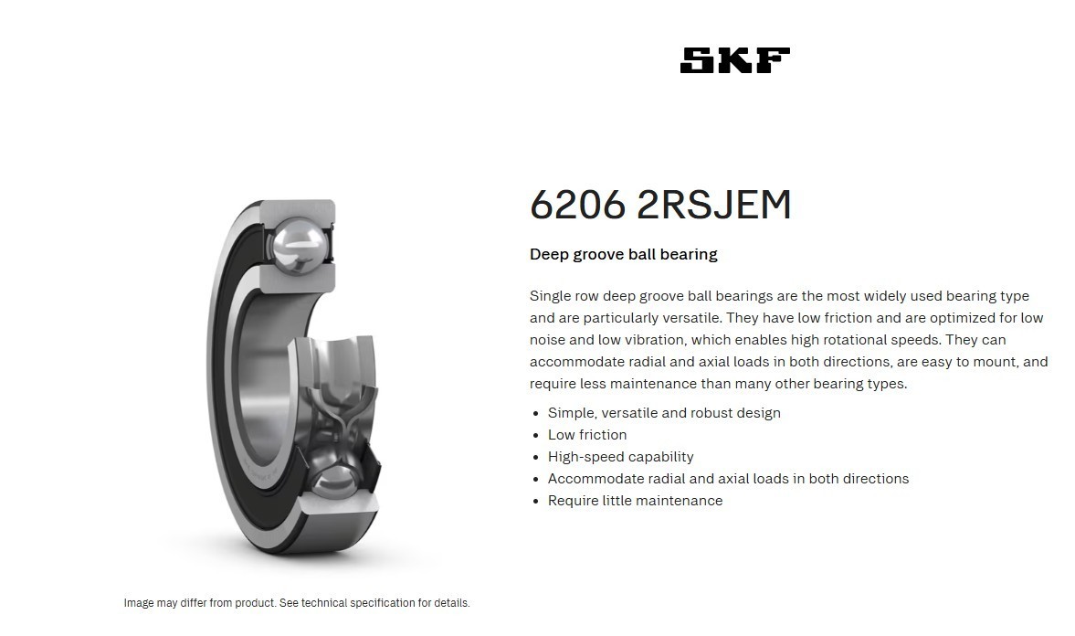 One (1) SKF 6206 2RSJEM Deep Groove Ball Bearing, Single Row, Double Seal USA