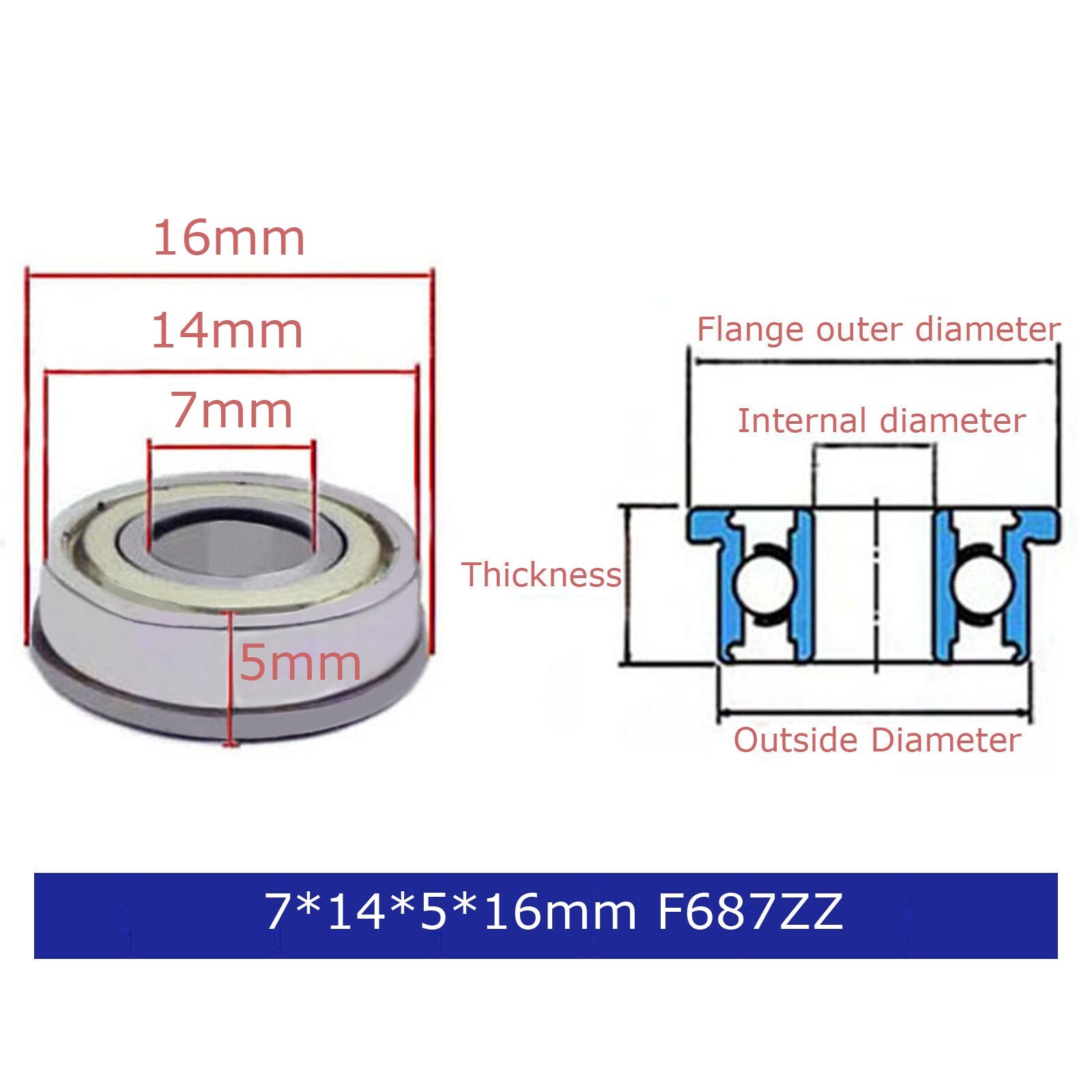 2pcs Mute sound wear-resistant 7x14x5x16mm F687ZZ Flanged ball bearing