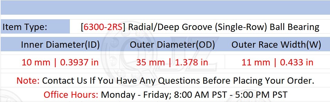 [Qty.5] 6300-2RS Deep Groove/Radial Ball Bearing [10mm Bore x 35mm OD x 11mm W]