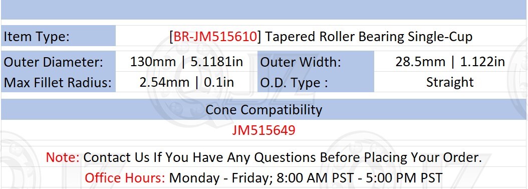 [Qty.2] New JM515610 Tapered Roller Outer Single-Cup/Race [130mm OD x 28.5mm W]