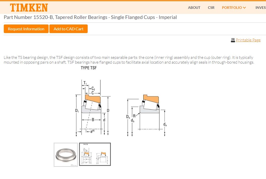 One (1) Timken 15520-B Tapered Roller Bearing Flanged Cup 2-1/4″ OD USA NEW