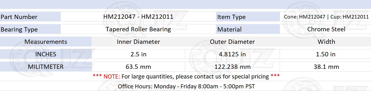 [2-Pack] Cone: HM212047 Cup: HM212011 Tapered Roller Bearing 2.5″ x 4.81″ x 1.5″