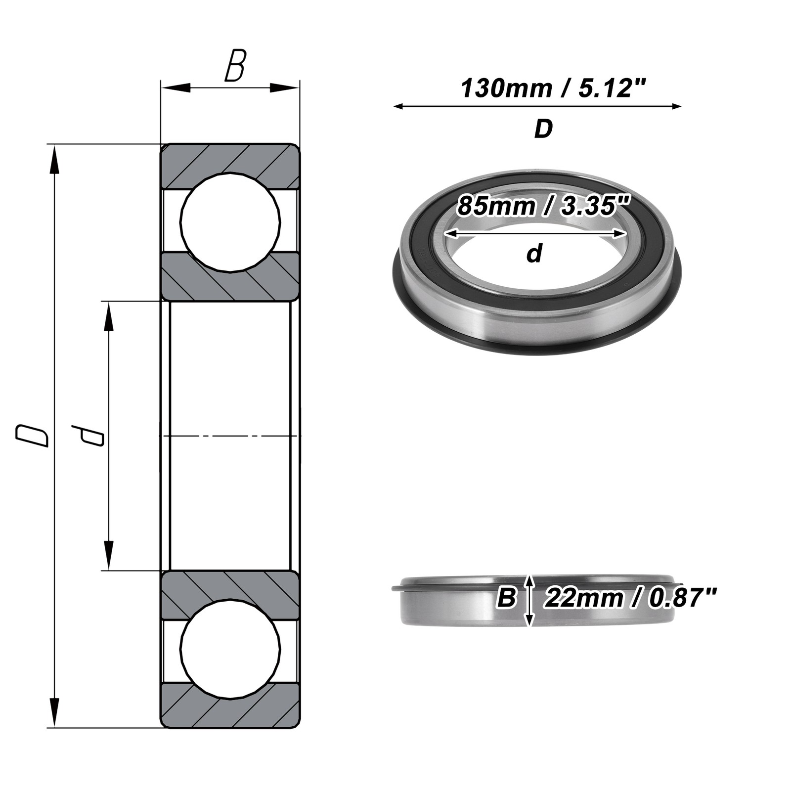 6017NR2RS Deep Groove Ball Bearings 85x130x22mm Silver Tone Black