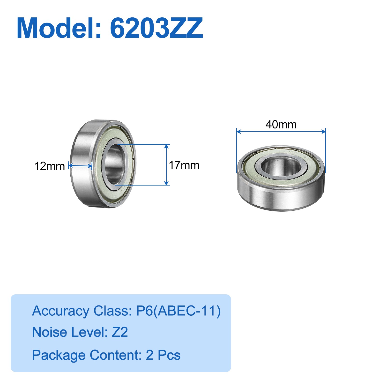6203ZZ Ball Bearing 2pcs 11/16″x1-9/16″x1/2″ Z2 Double Steel Shielded