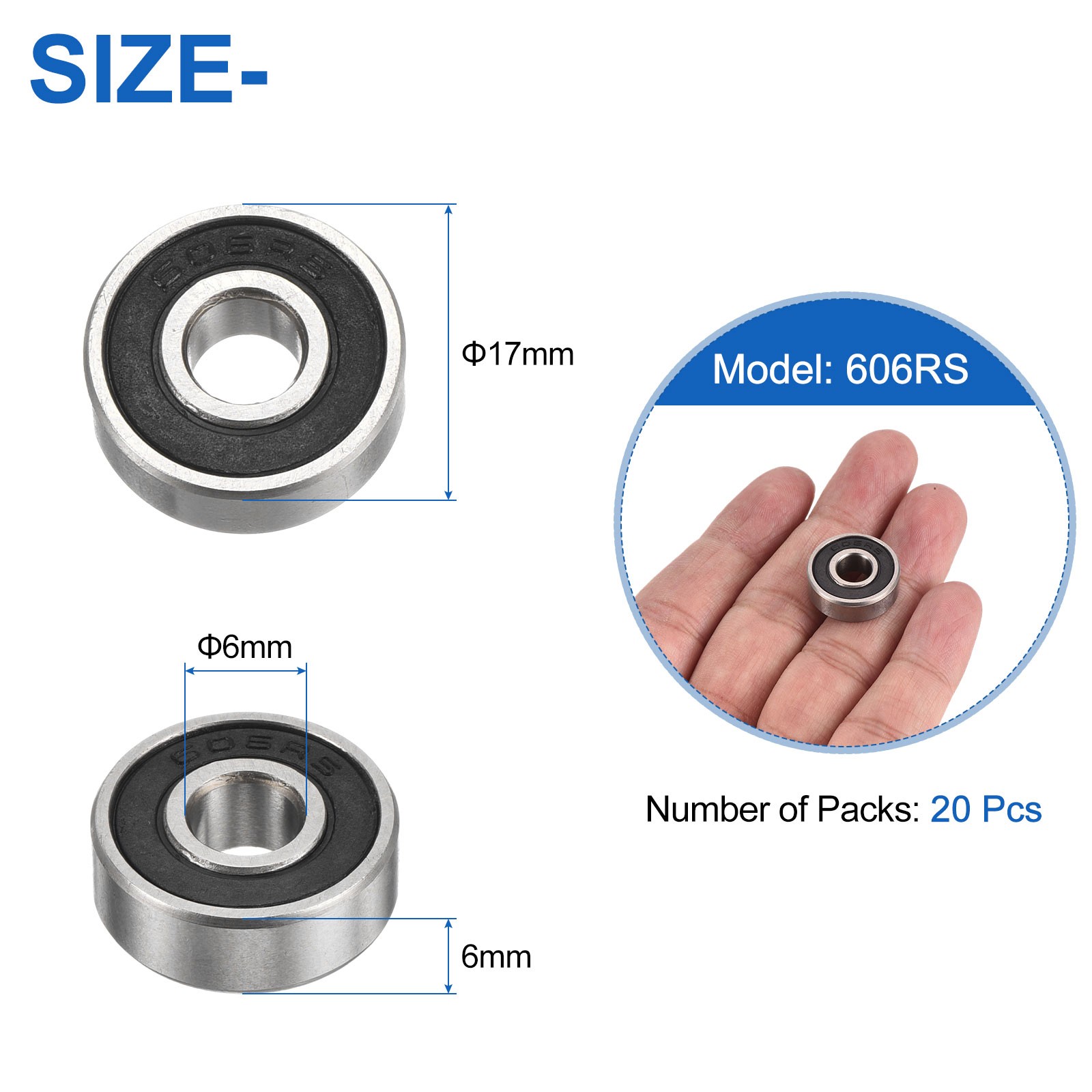 20Pcs 606RS Deep Ball Bearings 5.9x17x6mm Double Shield Bearing Black