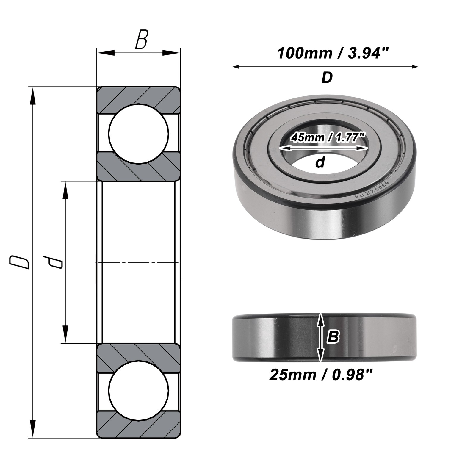 Bearings 6309ZZ 45x100x25mm P4 2 metal seals 1 pc silver