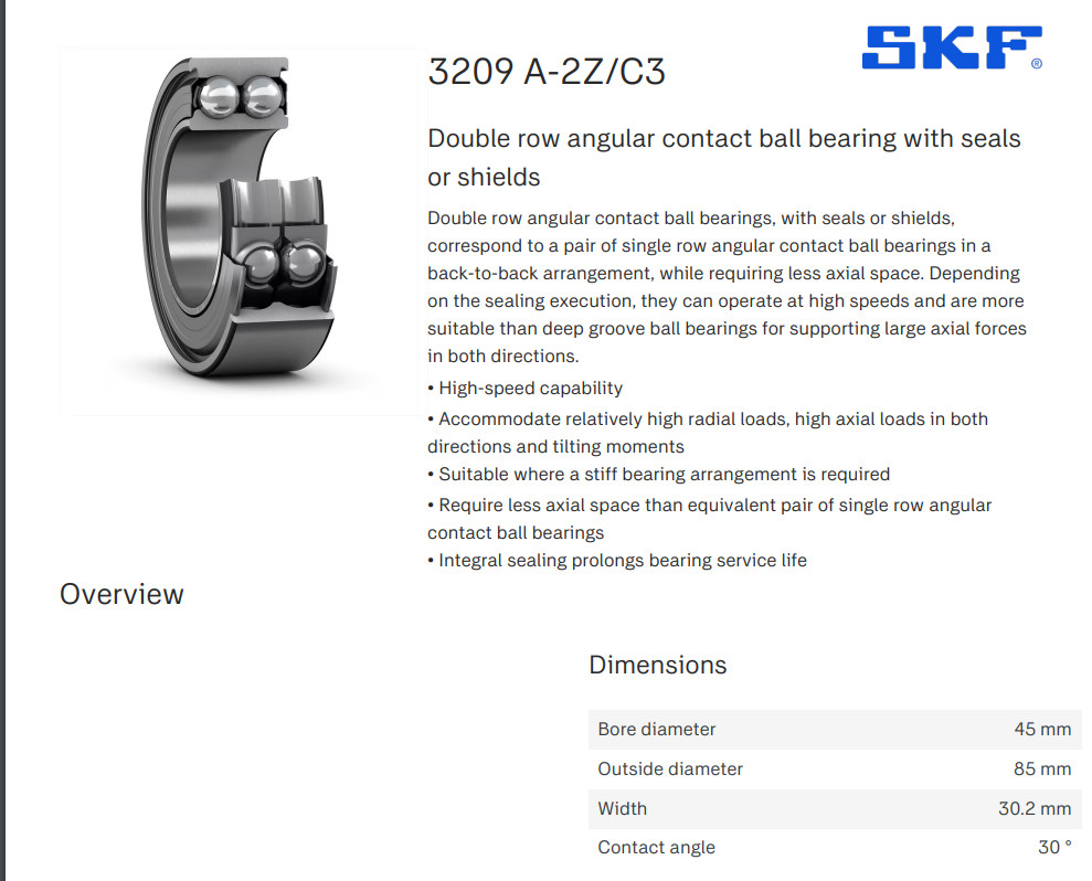 One (1) SKF 5209 A-2Z/C3 Angular Contact Bearing 45MM ID USA 3209 A-2Z/C3 NEW