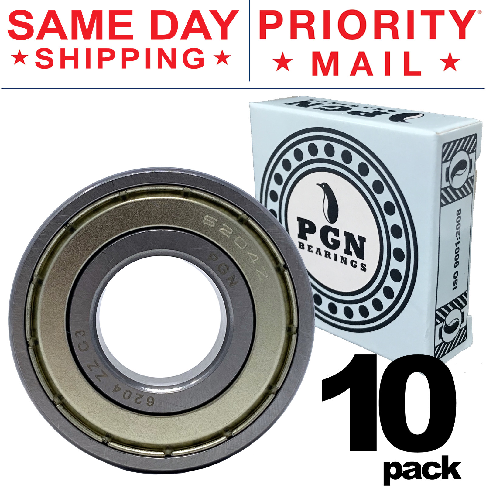 6204-ZZ C3 EMQ Premium Metal Shielded Ball Bearing, 20x47x14, 6204Z (10 QTY)