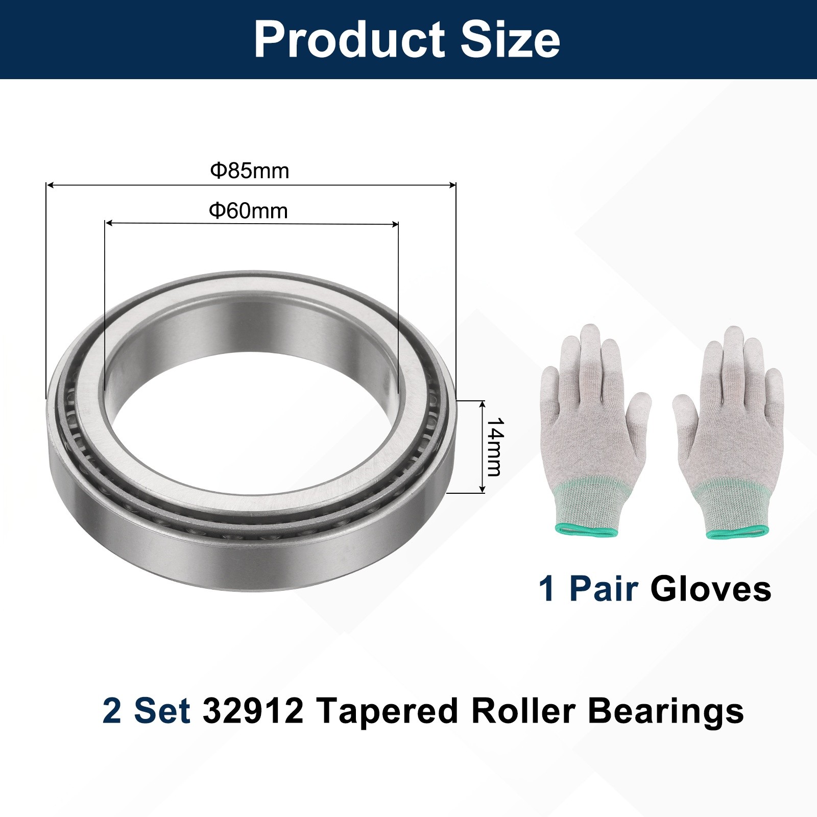 2Set 32912 Tapered Roller Bearing Cone and Cup with Gloves, 60mm Bore x 85mm OD
