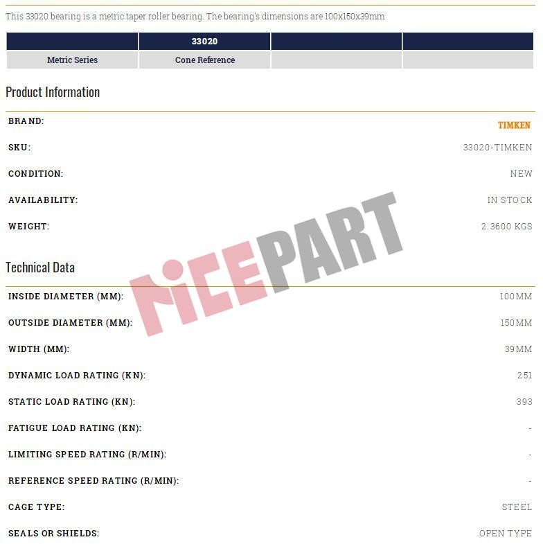 1PC TIMKEN 33020 Taper Roller Bearing 100x150x39mm.