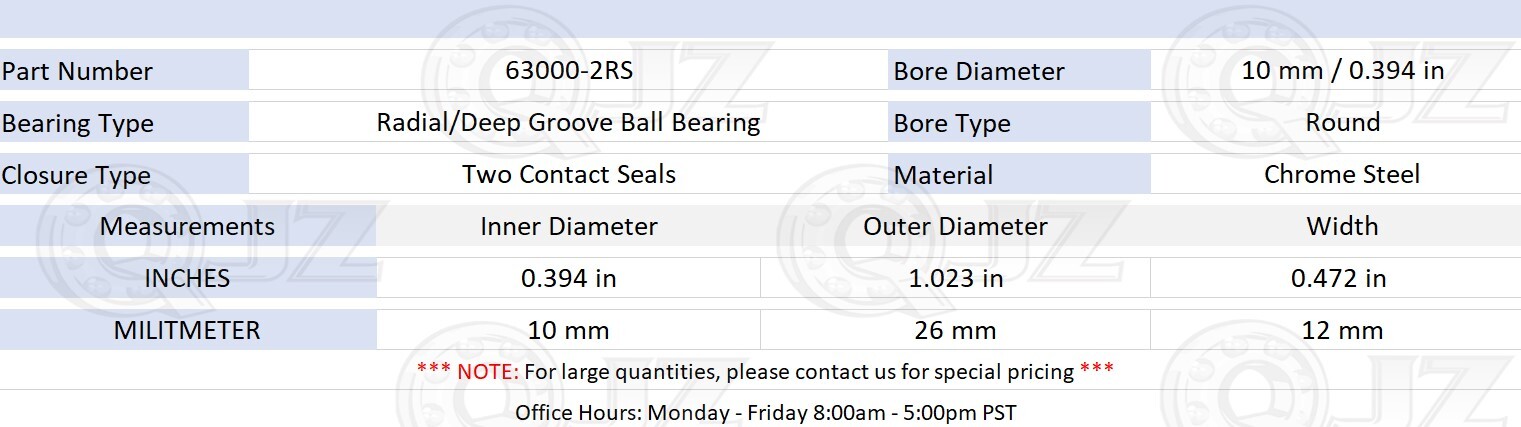 [8-Packs] New 63000-2RS Deep Groove Ball Bearing [10mm Bore x 26mm OD x 12mm W]