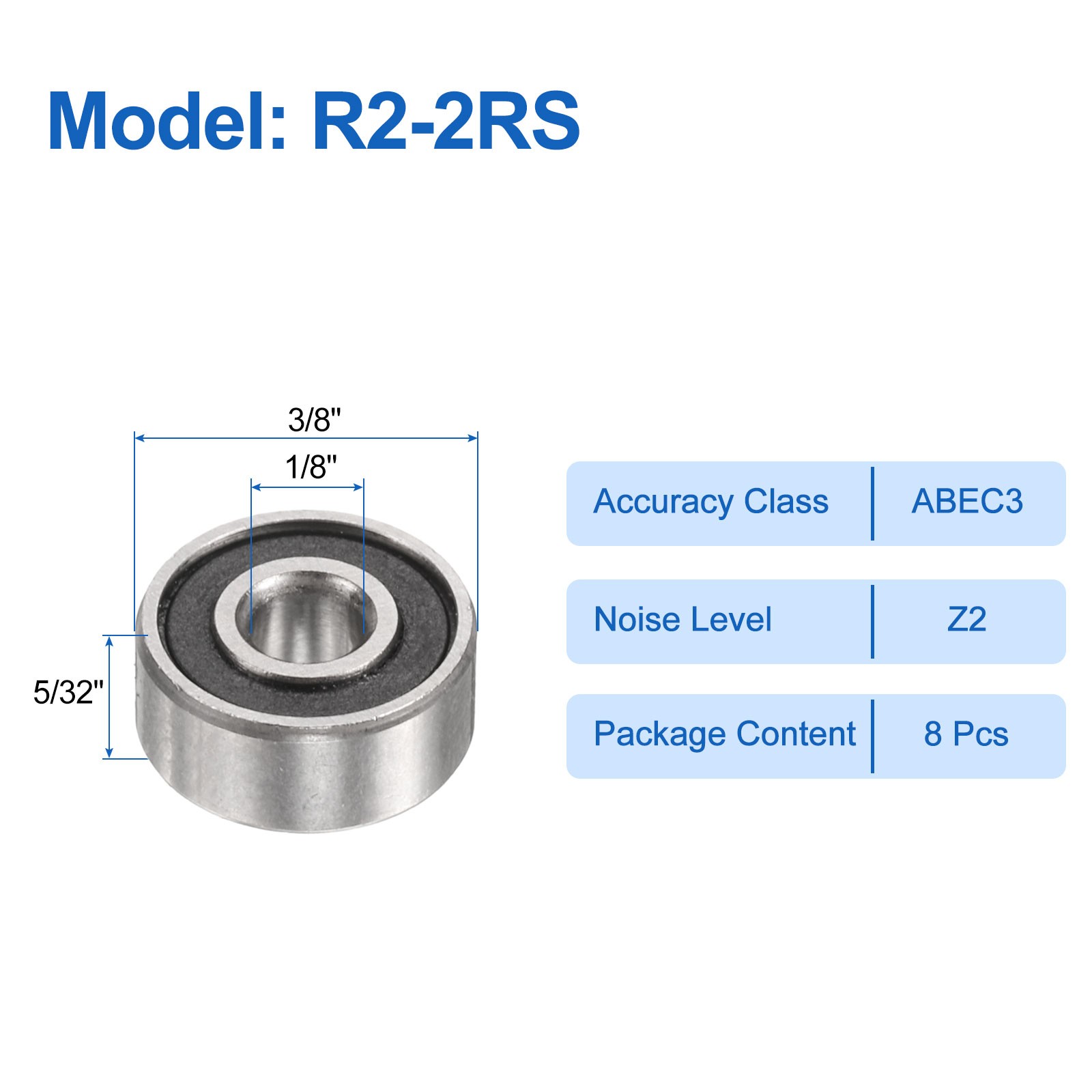 8pcs R2-2RS 1/8″ ID x 3/8″ OD x 5/32″ Height Z2 Ball Bearings, Silver Tone