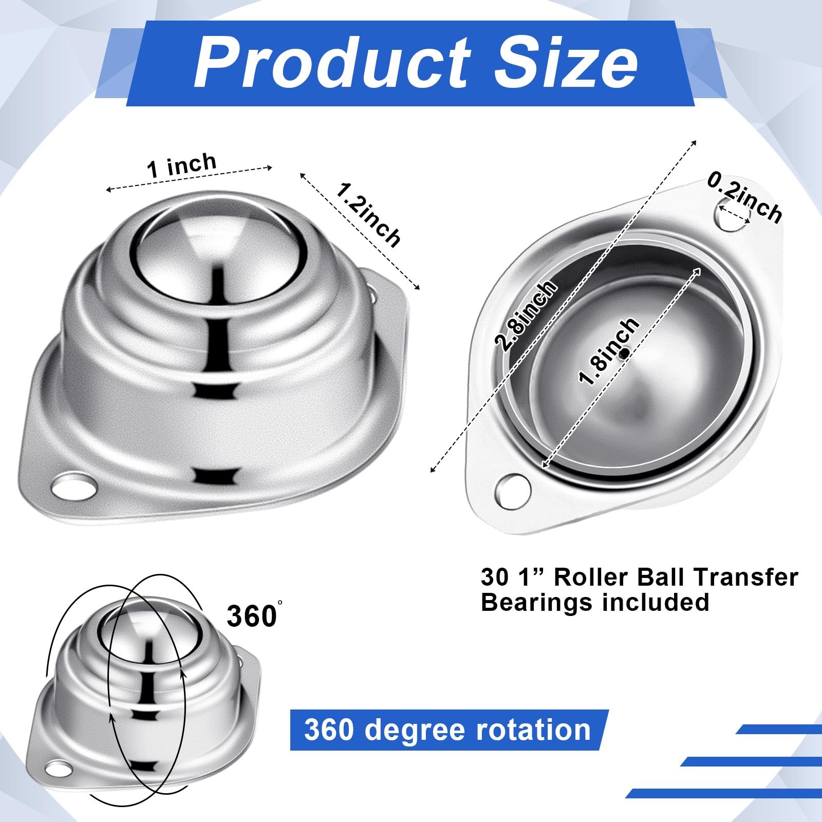 Gisafai 30 Pcs 1″ Roller Ball Transfer Bearing 400 Lbs Load 1″, Silver