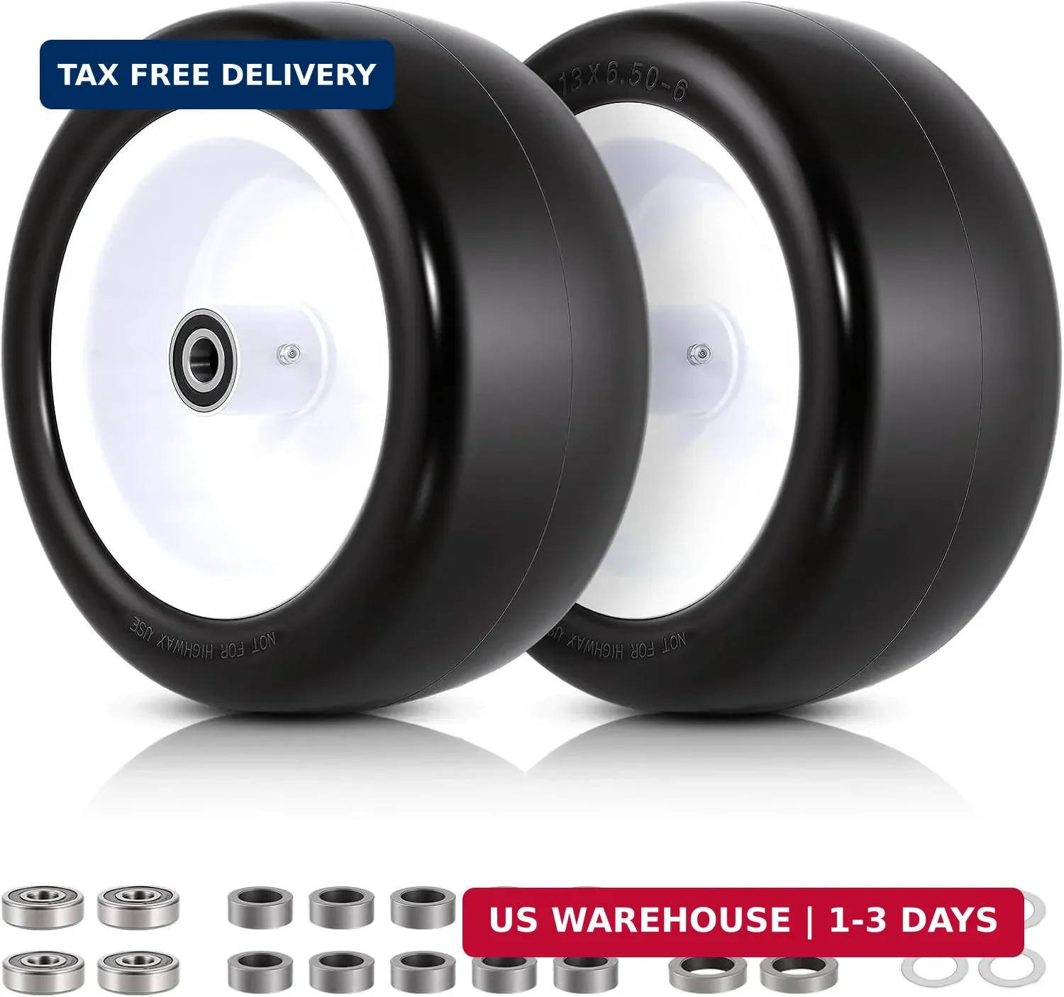 13×6.50-6 Flat Free Lawn Mower Tires and Wheels, 1/2″ 3/4″ 5/8″ Ball Bearings, 1