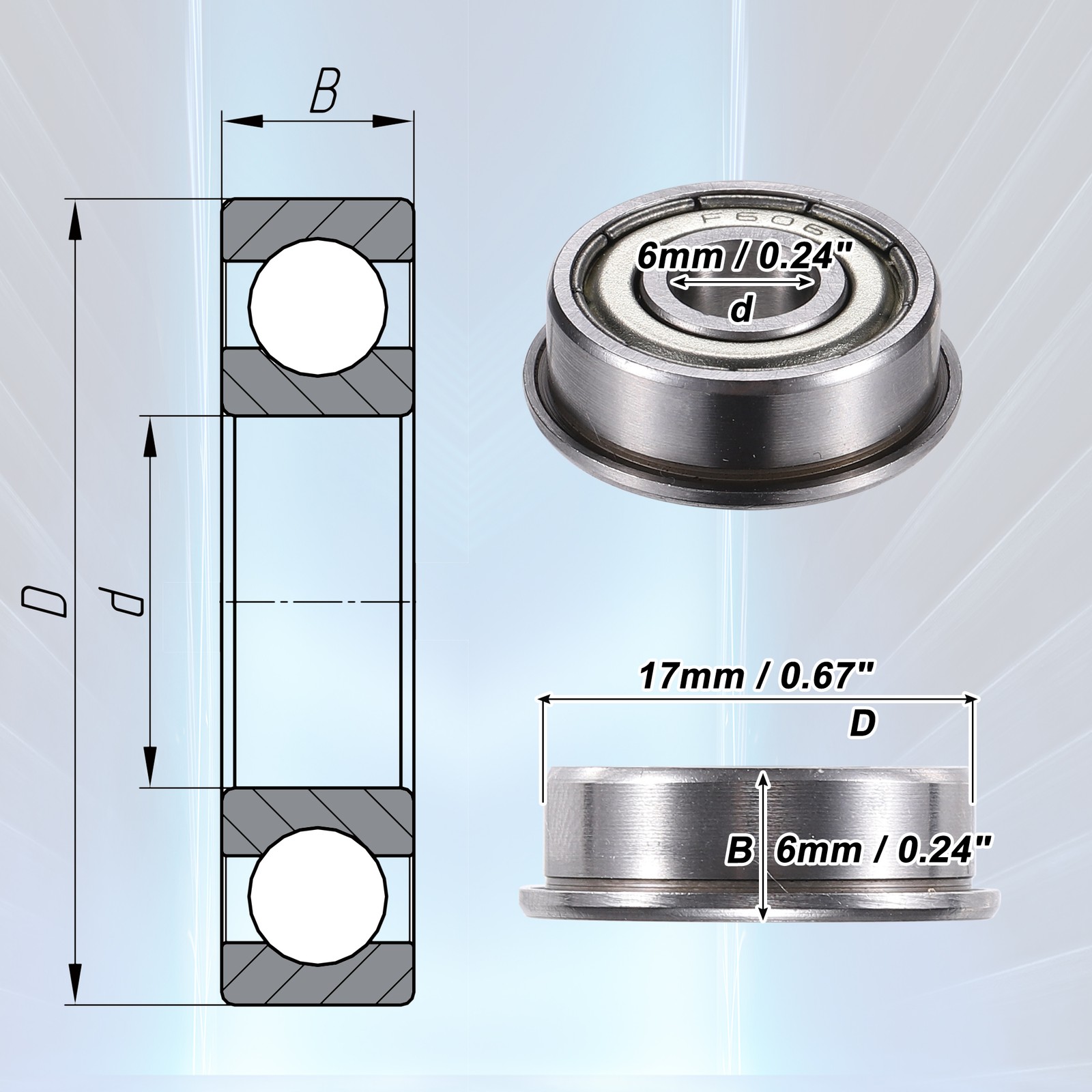 10pcs F606ZZ 6x17x6mm Double Metal Shield Single Row Deep Groove Ball Bearings