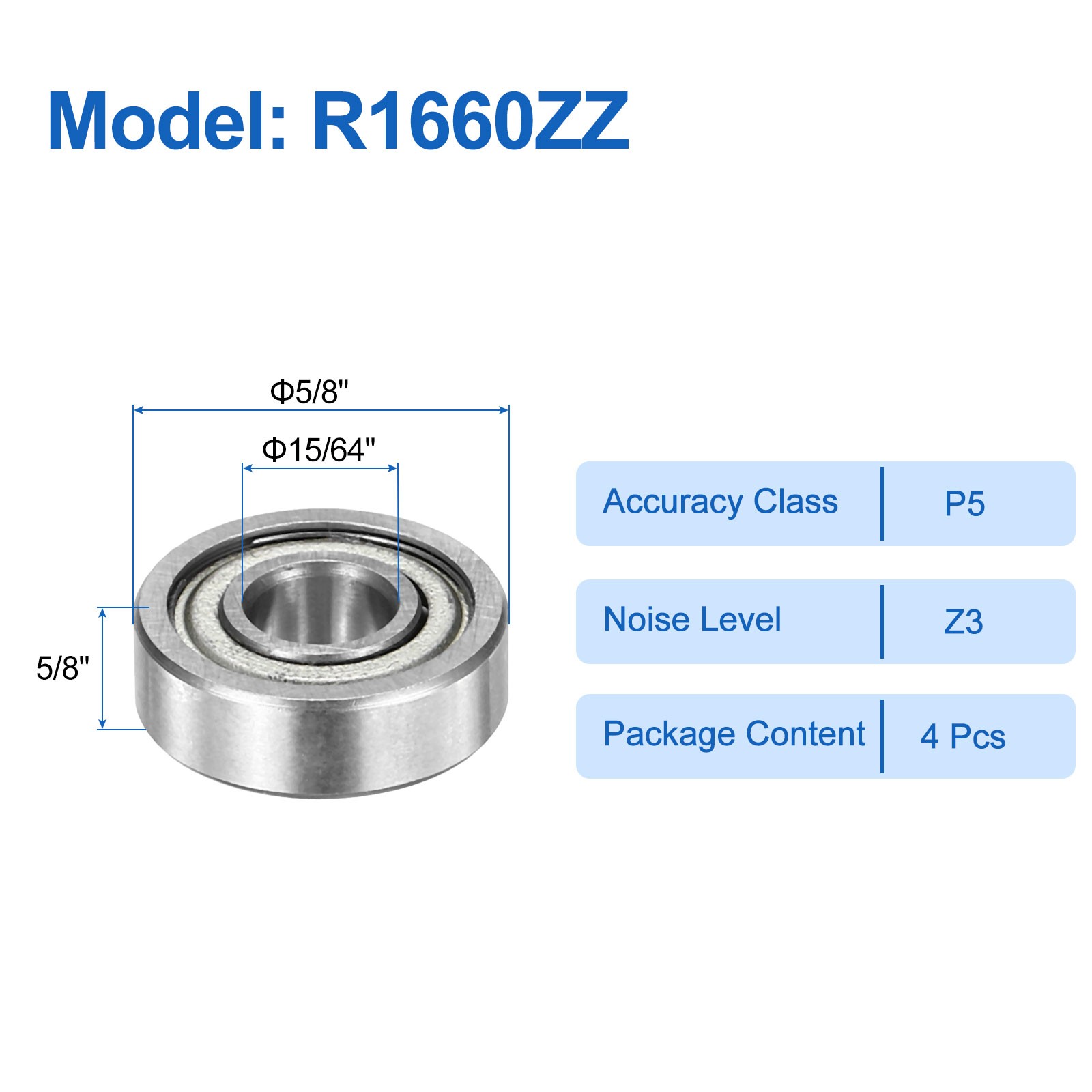 4Pcs Ball Bearings R1660ZZ 15/64″ ID x 5/8″ OD x 3/16″ for Silver Tone