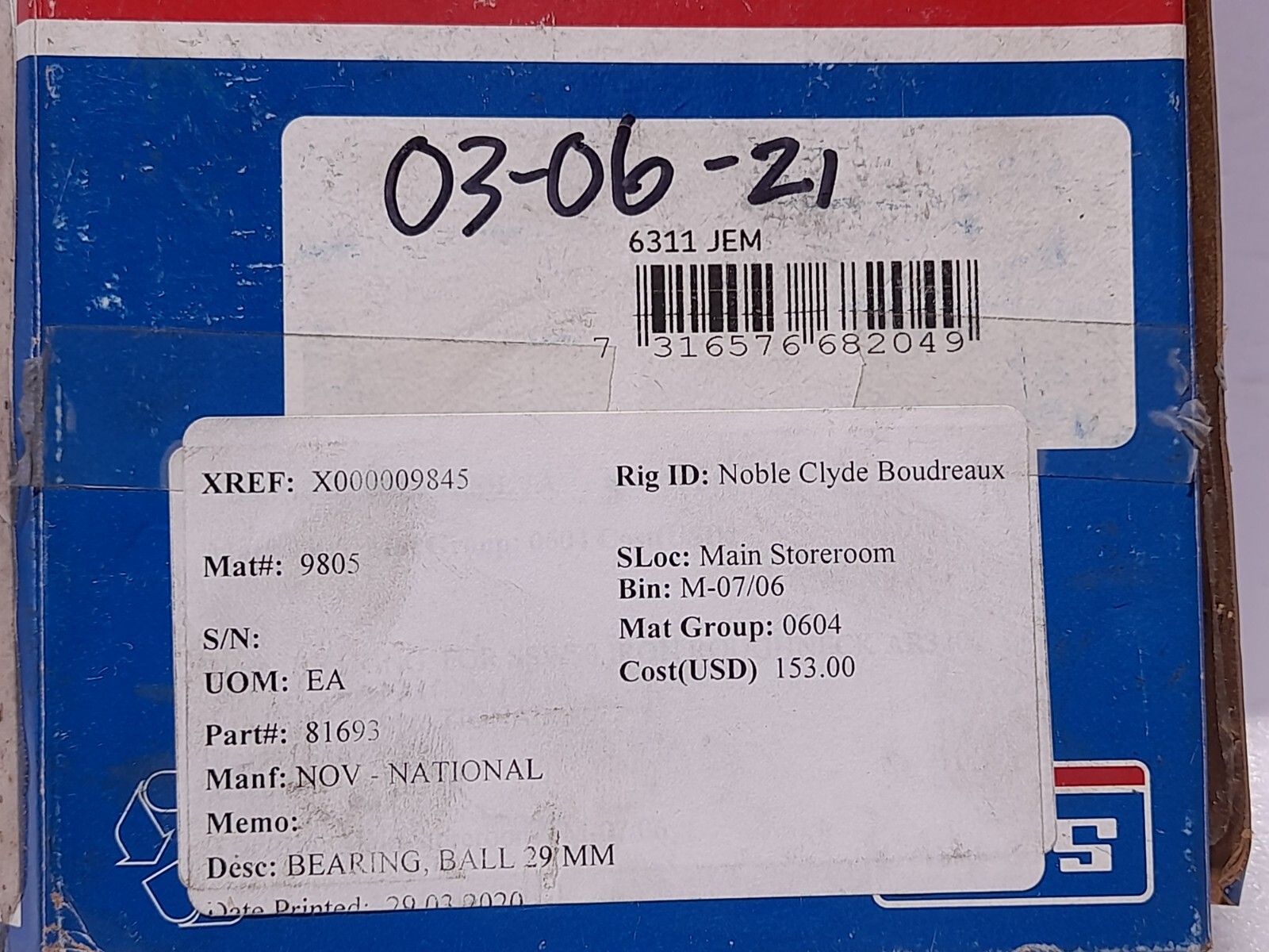 SKF 6311 JEM Bearing NOV 8169