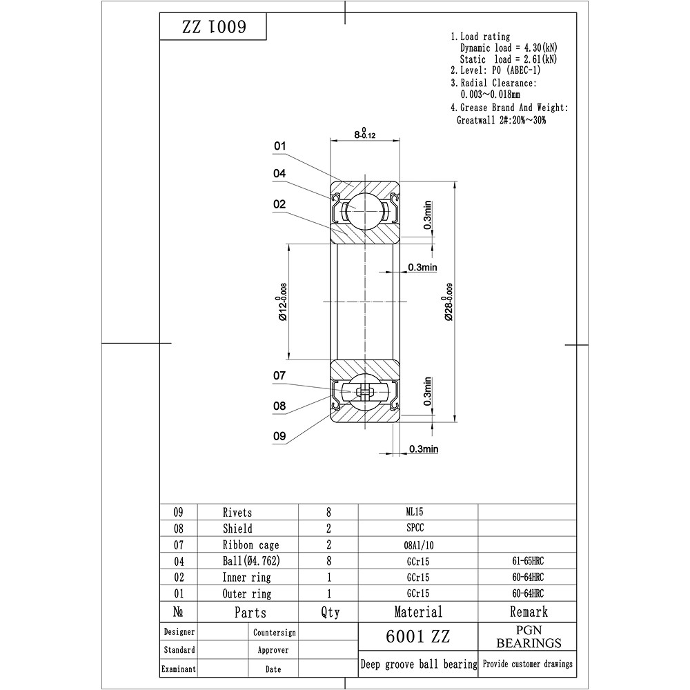 6001-ZZ Premium Metal Shield Ball Bearing C3 EMQ, 12x28x8, 6001 ZZ 6001z