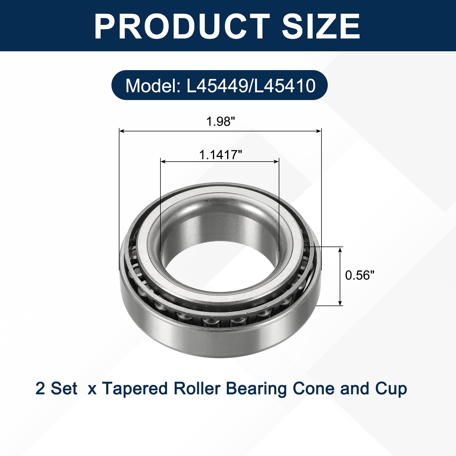 2 Sets Tapered Rollers L45449/L45410, Cone and Cup, 1.1417×1.98×0.56″ for
