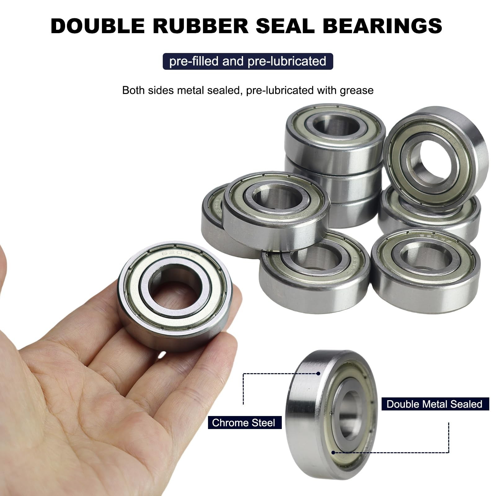 10 PCS 6203-ZZ Double Metal Seal Deep Groove Ball Bearings, Pre-Lubricated an…