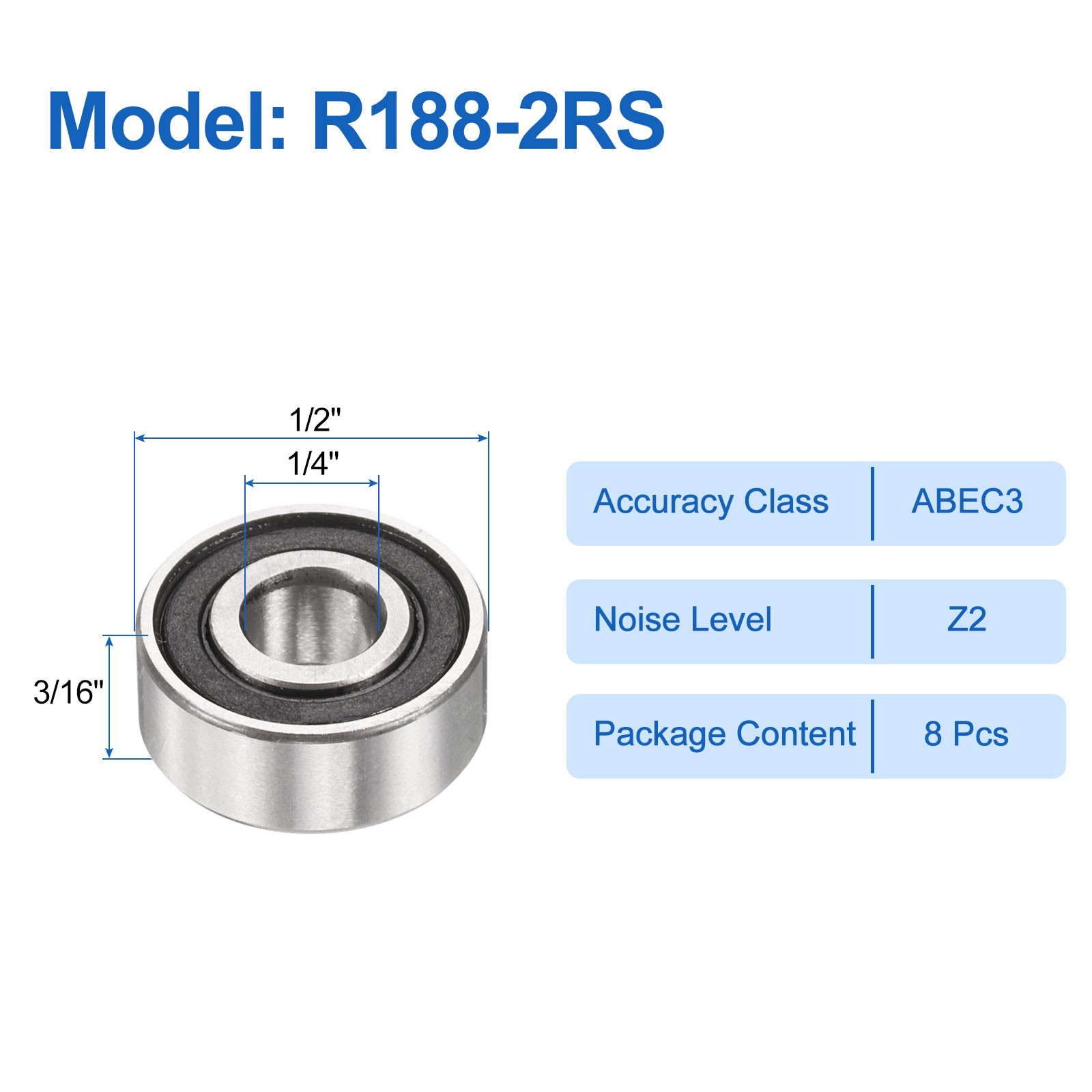 8pcs R188-2RS 1/4″ ID x 1/2″ OD x 3/16″ Height Z2 Ball Bearings Silver Tone