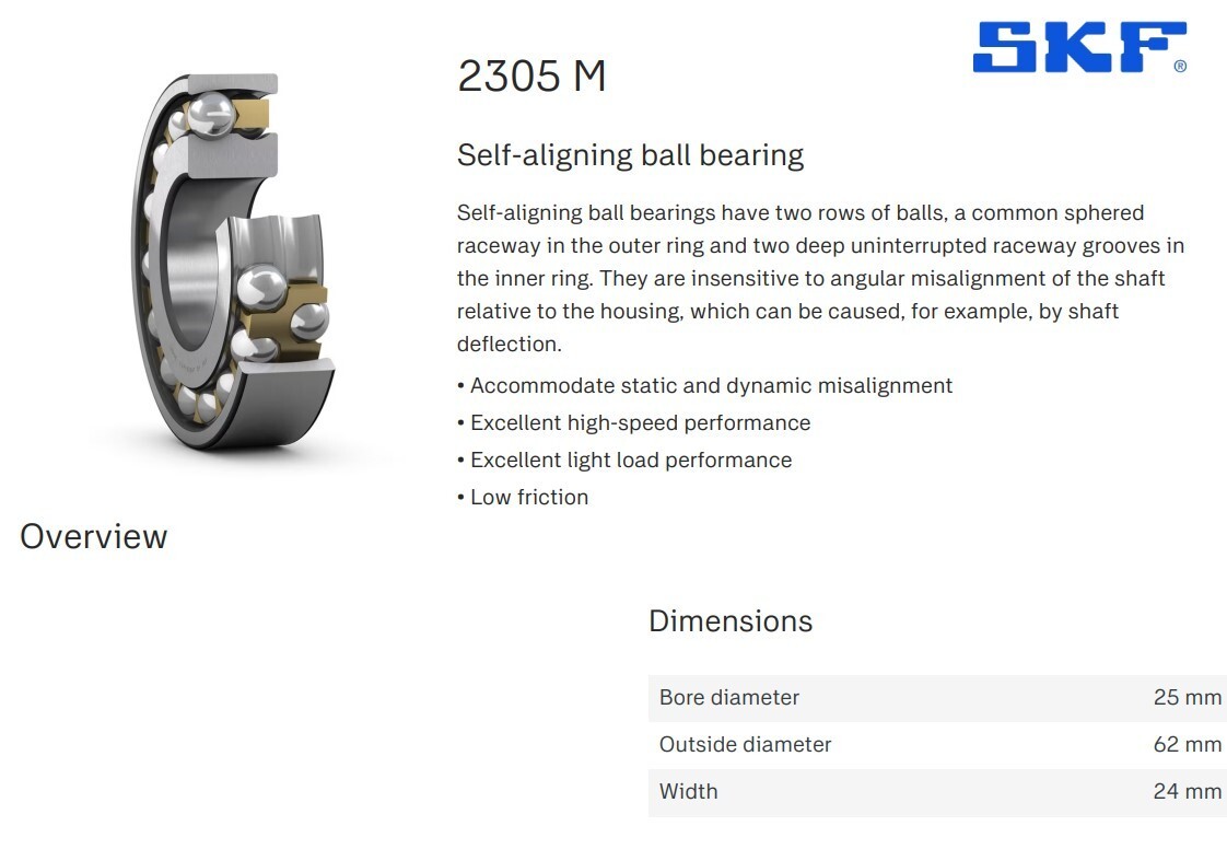 One (1) SKF 2305 M Self Aligning Bearing 25MM ID USA NEW