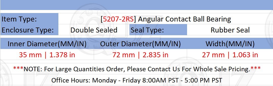 [Qty.1] 5207-2RS New Angular Contact Ball Bearing [35mm Bore x 72mm OD x 27mm W]