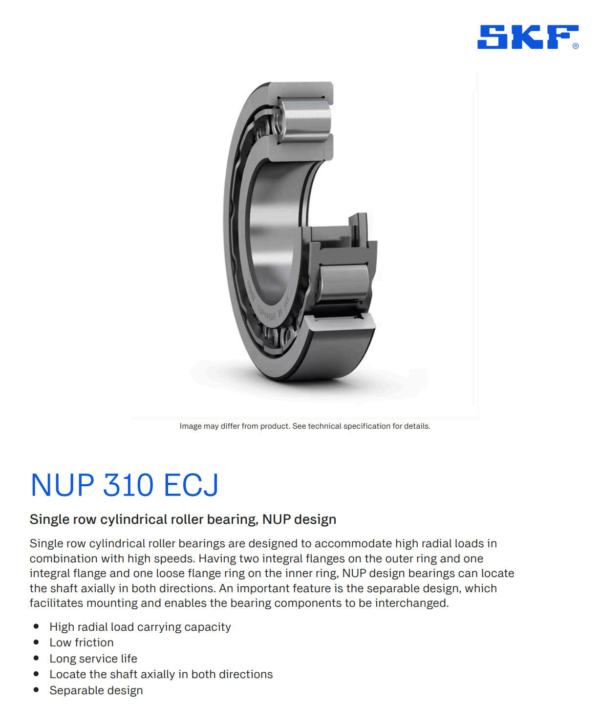 One SKF NUP 310 ECJ Cylindrical Roller Bearing 50MM ID Germany NEW
