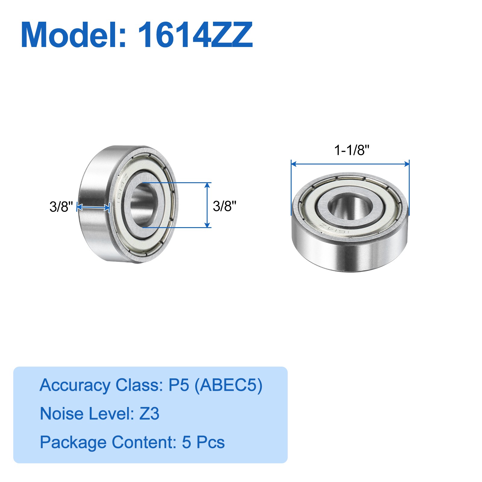 5Pcs 1614ZZ Deep Groove Ball Bearings 3/8″x1-1/8″x3/8″ Double Metal Shielded Z3