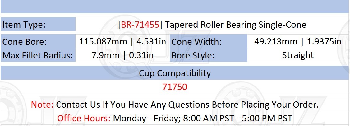 [Qty.2] 71455 Tapered Roller Bearing Inner Single-Cone [4.531″ Bore x 1.9375″ W]