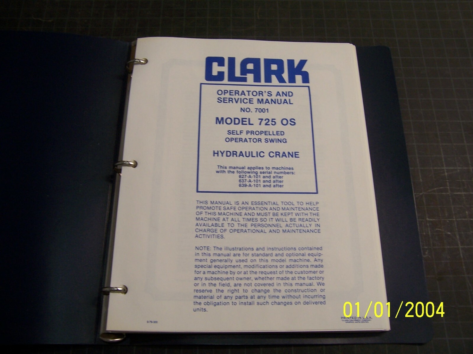 CLARK MODEL 725 OS OPERATOR’S AND SERVICE MANUAL, NO. 7001, 930-7001, N.O.S.