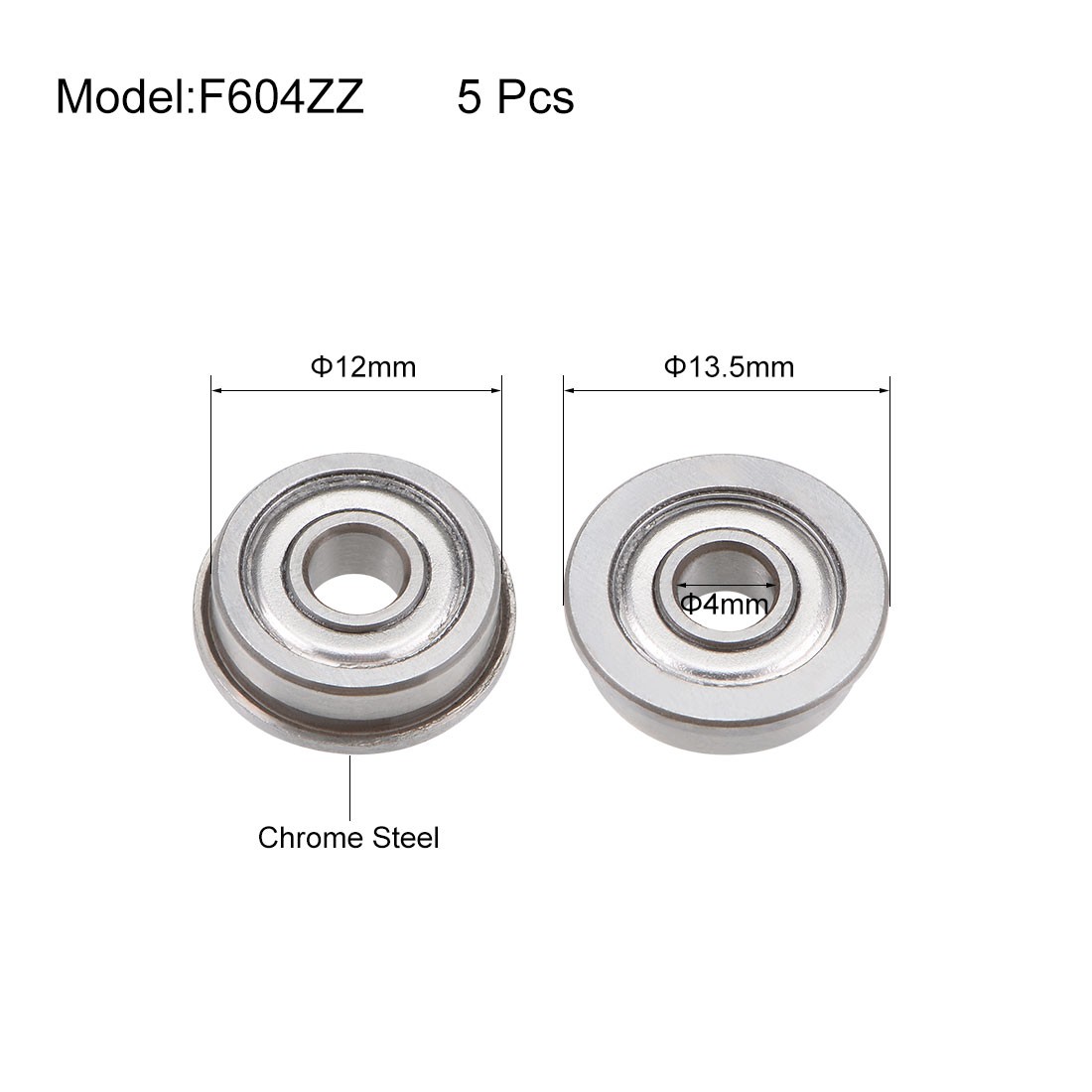 F604ZZ Flanged Ball Bearing 4x12x4mm Shielded Chrome Steel 5pcs