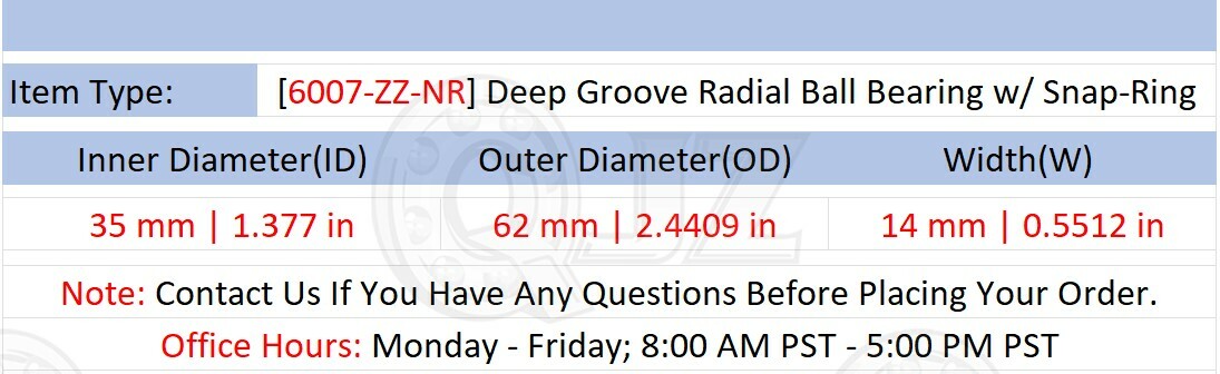 [Qty.4] 6007-ZZ-NR Radial Ball Bearing w/ Snap-Ring [35mm ID x 62mm OD x 14mm W]
