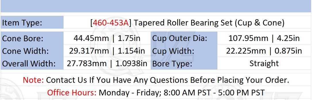 [Qty.1] 460-453A Tapered Roller Bearing Set [1-3/4″ ID x 4.25″ OD x 1.0938in W]