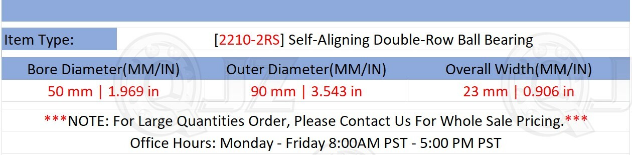 [Qty.1] New 2210-2RS Self-Aligning Ball Bearing [50mm Bore x 90mm OD x 23mm W]