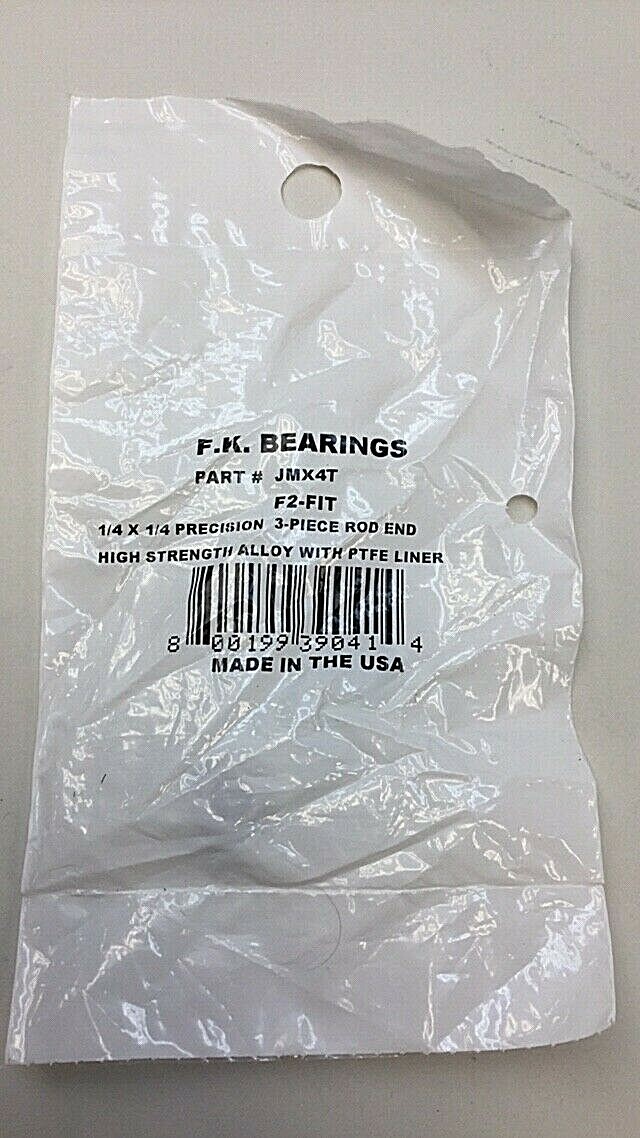 FK Bearing JMX4T F2-Fit 3 Piece Rod End Bearing 1/4 X 1/4 Precision PTFE Liner