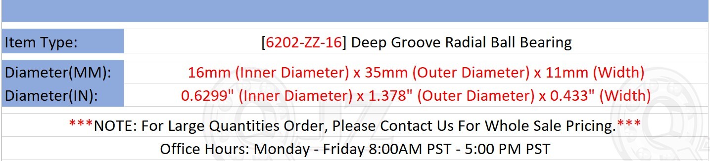 [Qty.1] 6202-ZZ-16 Deep Groove Radial Ball Bearing [16mm ID x 35mm OD x 11mm W]