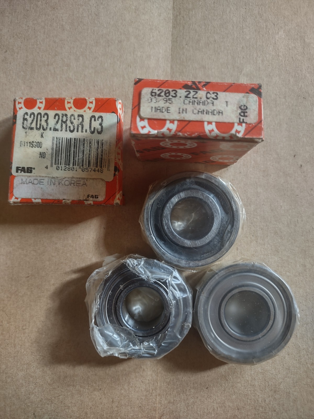 6203 FAG roller bearing Lot of 3 pc.s 2 with steel shields 1 with rubber