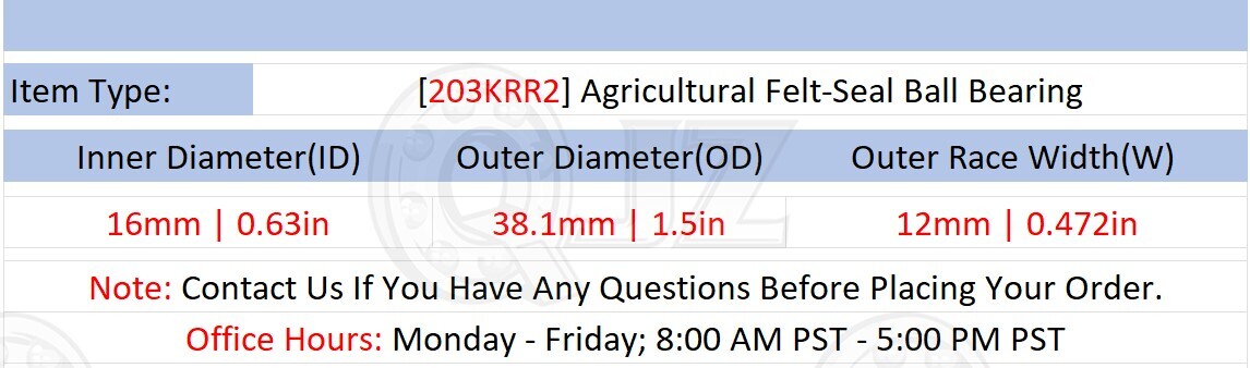 [Qty.2] New 203KRR2 Agriculture Felt-Seal Bearing [16mm ID x 38.1mm OD x 12mm W]