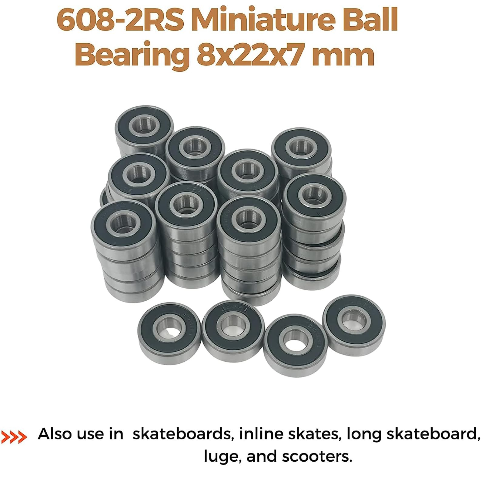 608 2RS Bearings, 50 Pack 608 Bearing, 8x22x7mm RS Ball 50 Pack, Black