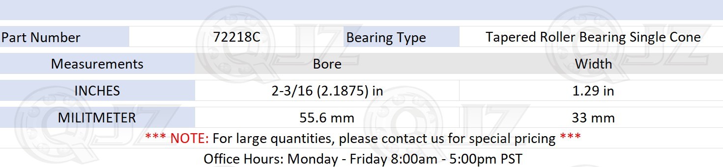 1x 72218C Taper Roller Bearing Module Cone Only QJZ Premium New