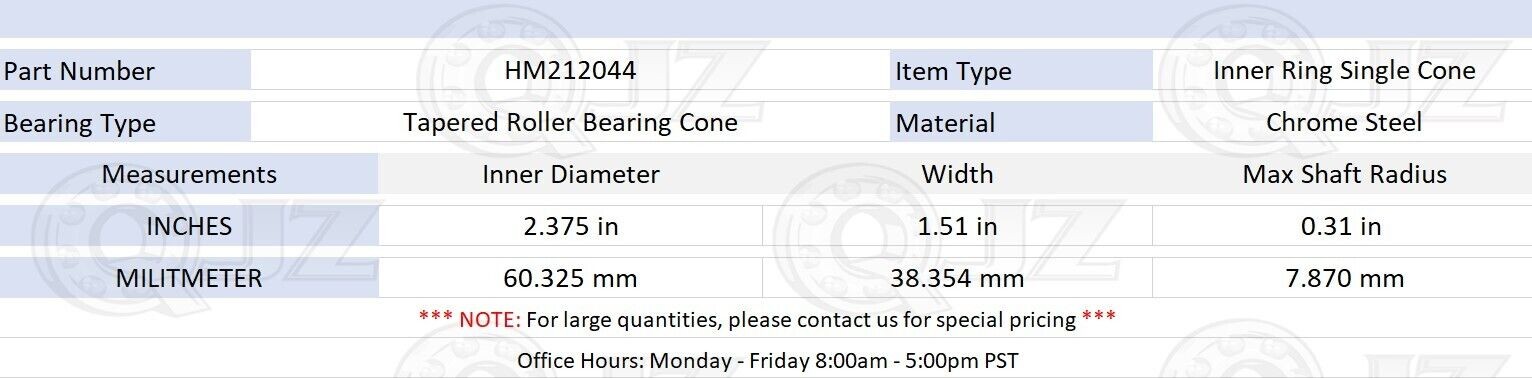 [1-Pack] New HM212044 Tapered Roller Bearing Cone 2.375″ (Bore) x 1.51″ (Width)